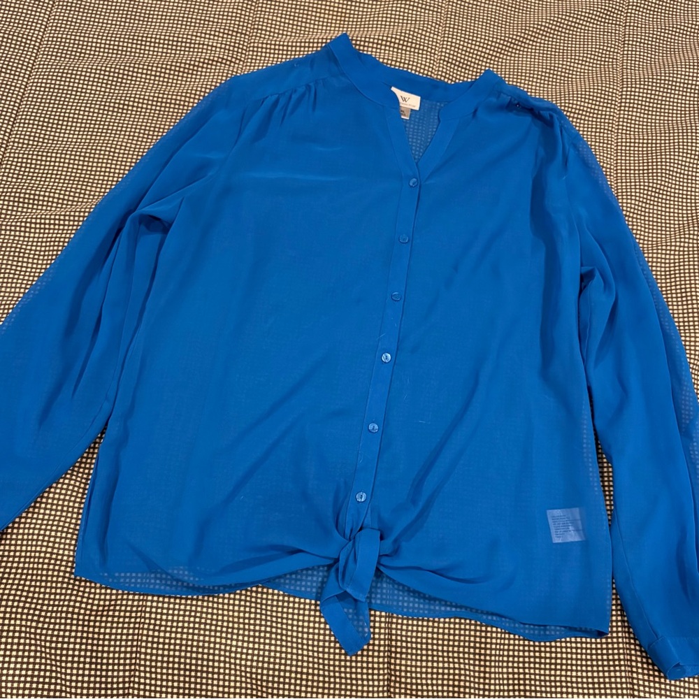 Worthington Blue Tie-Front Button Down Blouse